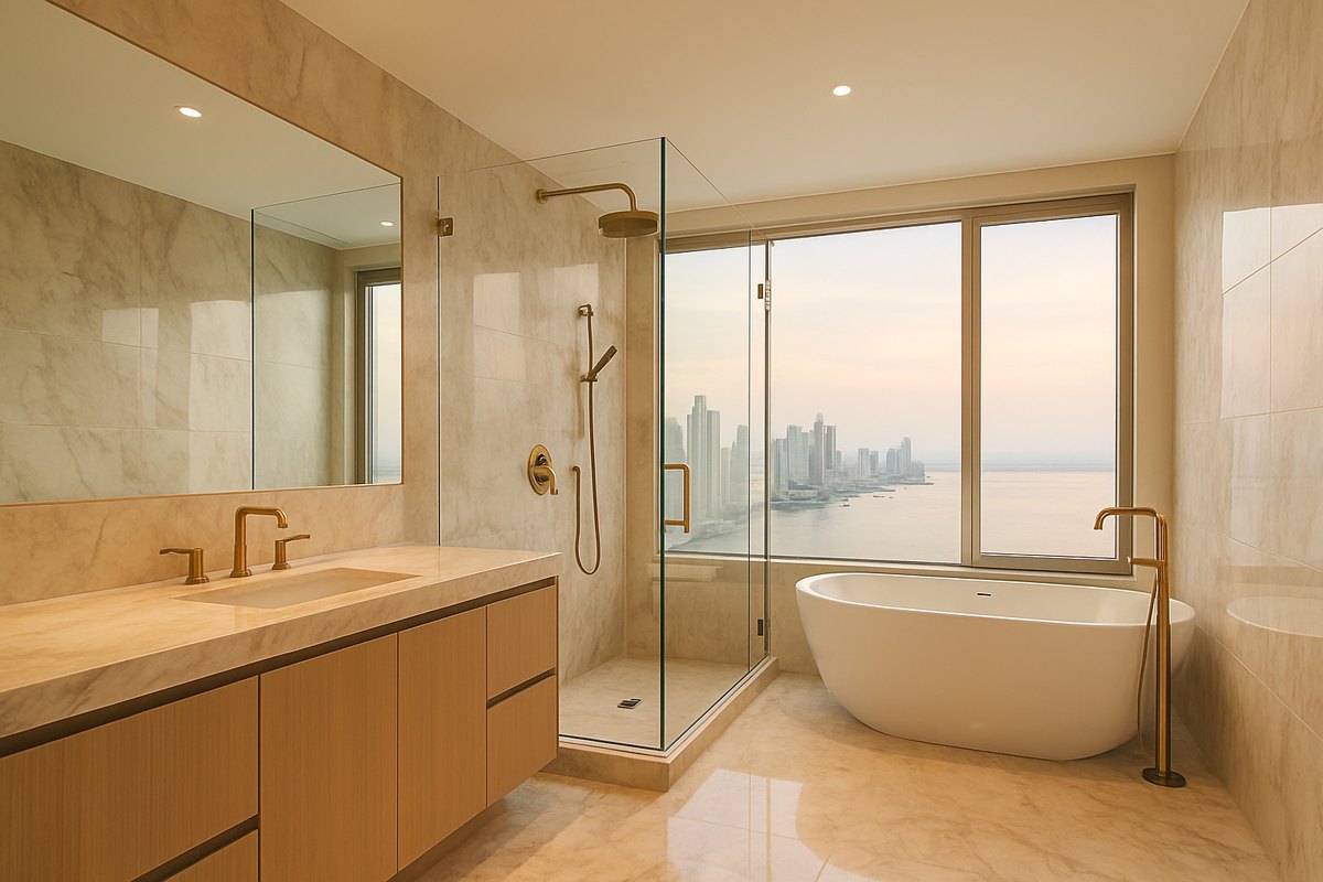 Baño principal del penthouse con acabados de mármol
