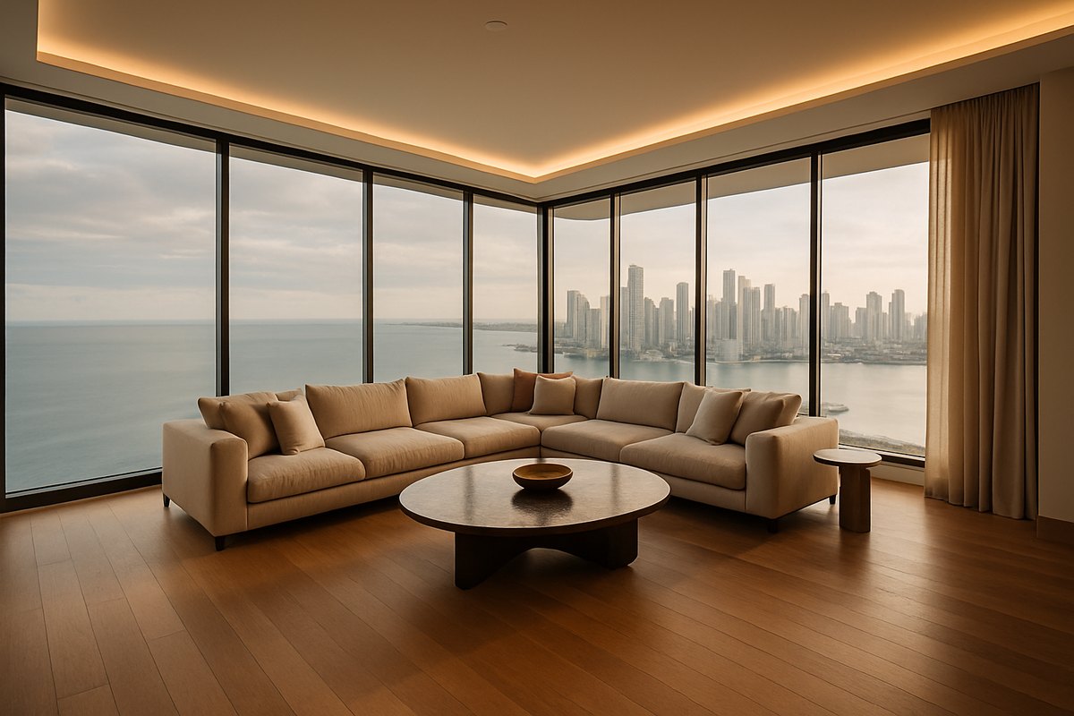 Sala principal del penthouse con ventanales de piso a techo